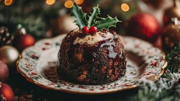 Chocolate Christmas Pudding Topped with Holly and Red Berries photo