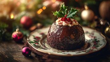 Christmas Pudding with Holly, Whipped Cream and Cranberries photo