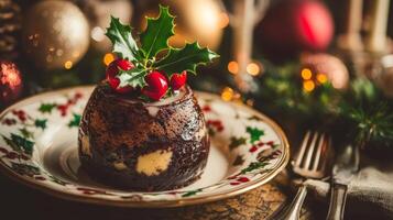 Christmas Pudding with Holly Garnish on Festive Table Setting photo