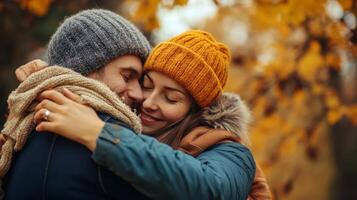 Couple Embracing in Autumnal Forest with Warm Affection photo