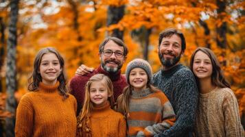 Family portrait with autumn foliage backdrop photo