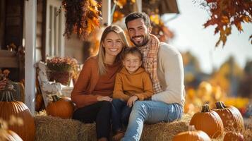 Happy family of three sitting on hay bales with pumpkins during autumn photo