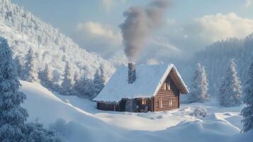 A Cozy Log Cabin in a Snowy Mountain Landscape photo