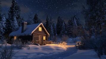 A Cozy Cabin Illuminated in a Snowy Forest at Night photo