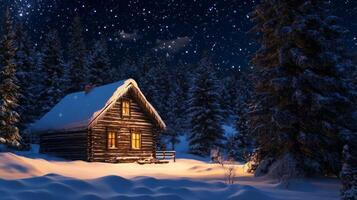 A Cozy Cabin in the Snow with a Starry Night Sky photo