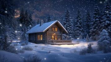 A Cozy Log Cabin Amidst Snowy Forest on a Starry Night photo