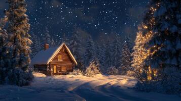 A Snowy Cabin Illuminated by Christmas Lights in a Starry Night Forest photo