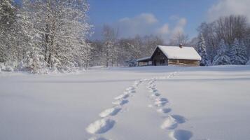 Footprints Leading to a Snow-Covered Log Cabin in a Winter Forest photo