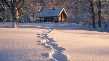 Footprints Leading to a Snowy Cabin in the Woods photo