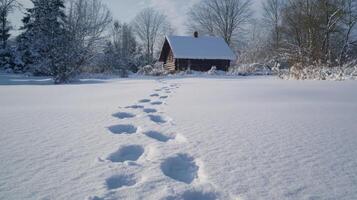 Footprints in the Snow Leading to a Cabin in the Woods photo