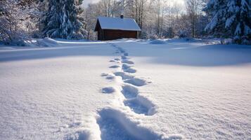 Footprints in the Snow Leading to a Cabin in the Woods photo