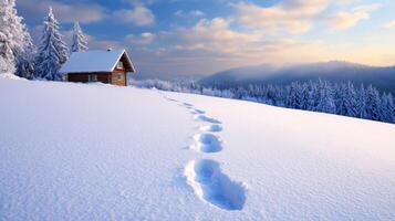 Footprints Leading to a Cabin in a Snowy Mountain Landscape photo