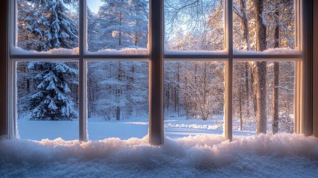 Snow-Covered Window Looking Out onto a Snowy Winter Forest photo