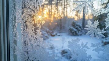 Delicate Frost Patterns on a Window Pane with a Blurred Winter Landscape Background photo