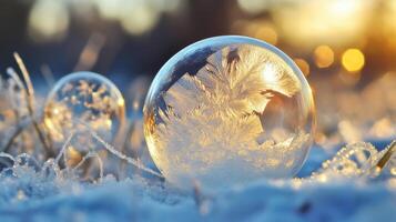 Frozen Bubble with Detailed Ice Patterns in a Wintery Landscape photo