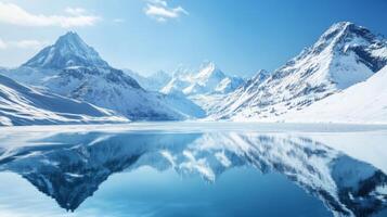 Snowy Mountain Range Reflected in a Still Lake photo