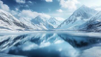 Snowy Mountain Range Reflecting in a Frozen Lake photo