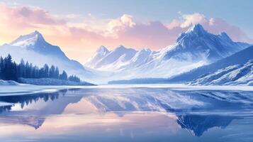 Snow-Capped Mountains Reflected in a Still, Frozen Lake at Dawn photo