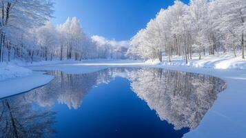 Snow-covered Trees Reflected in a Frozen Lake Under a Blue Sky photo