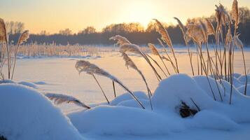 Frost-Covered Reeds in a Snowy Field at Sunset photo