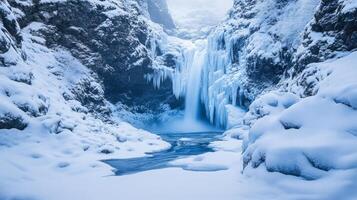 Frozen Waterfall and River in a Snowy Canyon photo