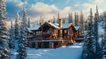 A Cozy Log Cabin Nestled Amidst a Snowy Mountain Forest photo