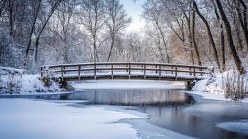 Wooden Bridge Over a Frozen River in a Snow-Covered Forest photo