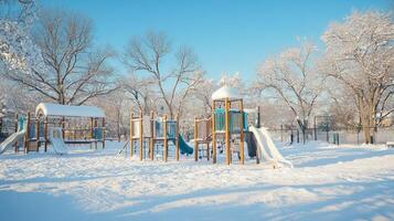 A Winter Wonderland Playground with Snow-Covered Structures photo