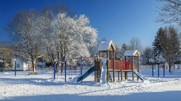 Snow-Covered Playground with a Wooden Structure and a Blue Slide photo