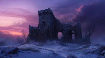 A Ruined Stone Tower in a Snowy Landscape at Dusk photo