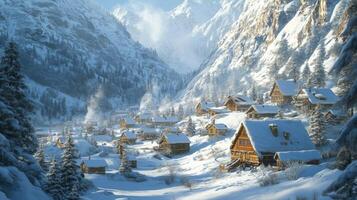 Snowy Mountain Village with Wooden Cabins and Fir Trees photo