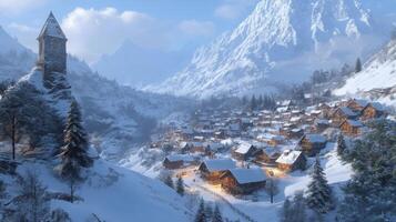 A Snowy Mountain Village with a Stone Tower photo