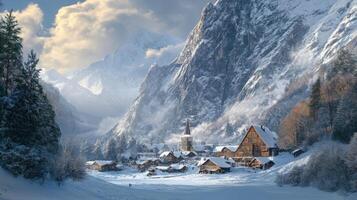 Snowy Mountain Village with Church Spire and Fog photo
