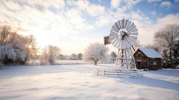 A Snow-Covered Windmill and Cabin in a Winter Landscape photo