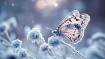 A Frosted Butterfly Perched on a Snowy Branch photo