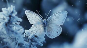 A Frosted Butterfly Perched on a Snowy Branch photo