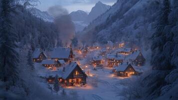 A Snowy Village Nestled Amidst a Mountainous Landscape photo