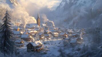 A Snowy Village Nestled in a Mountain Valley at Sunset photo