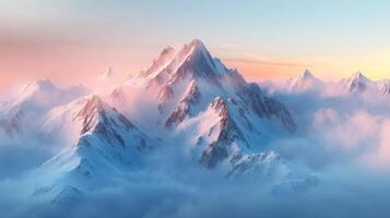 Majestic Snowy Mountain Range with Pink Sky at Sunset photo