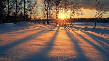 Sunbeams illuminate snow-covered ground with long shadows from bare trees photo