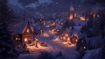 Snow-covered village at night with a church tower and lit windows photo