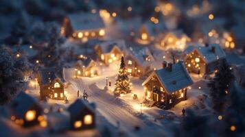 Miniature Winter Village with a Snowy Christmas Tree and Illuminated Houses photo