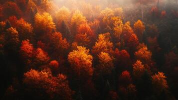 A Misty Forest with Trees in Vibrant Autumn Hues photo