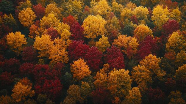 Aerial View of an Autumn Forest Canopy with Yellow and Red Leaves photo
