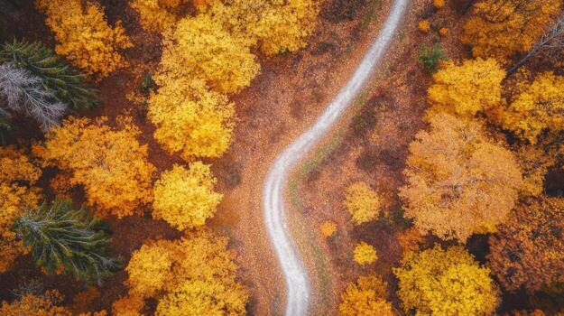 Aerial View of a Winding Path Through Autumnal Forest photo