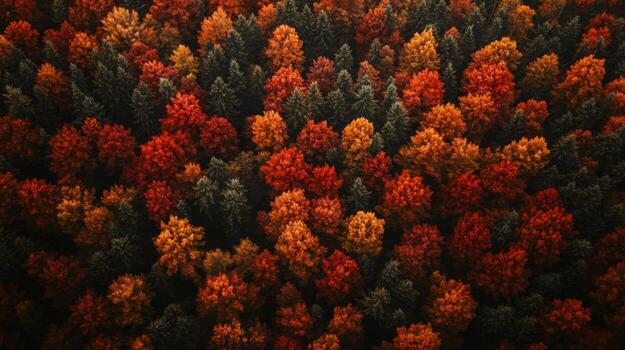 Aerial View of a Forest in Autumn with Red and Orange Leaves photo