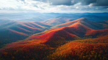 Aerial View of Rolling Hills Covered in Vibrant Autumn Foliage photo