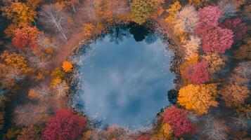 Aerial View of a Circular Lake Surrounded by Vibrant Autumn Foliage photo