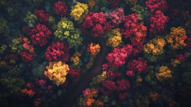 Aerial View of a Forest in Autumn with Red, Yellow, and Green Trees photo