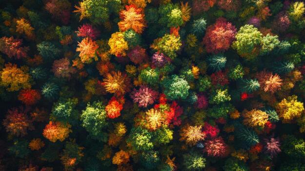 Aerial View of a Forest Canopy in Vibrant Autumn Colors photo